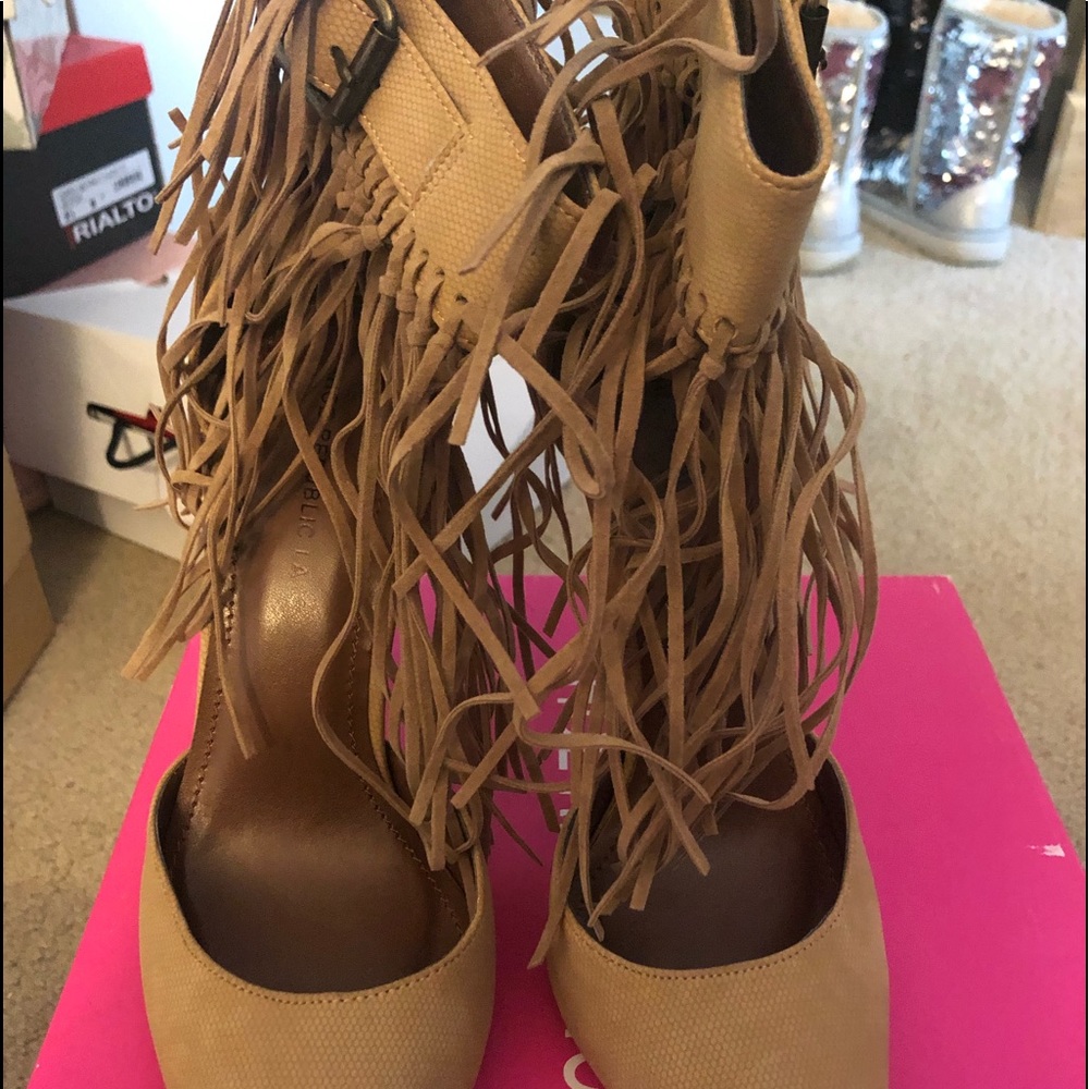 Tan Fringe Ankle Pumps
